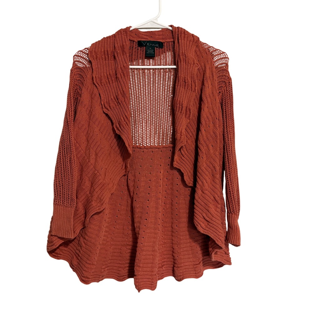 Venue Rust Orange Cotton Knit Open Front Cardigan Sweater Pointelle Back Medium